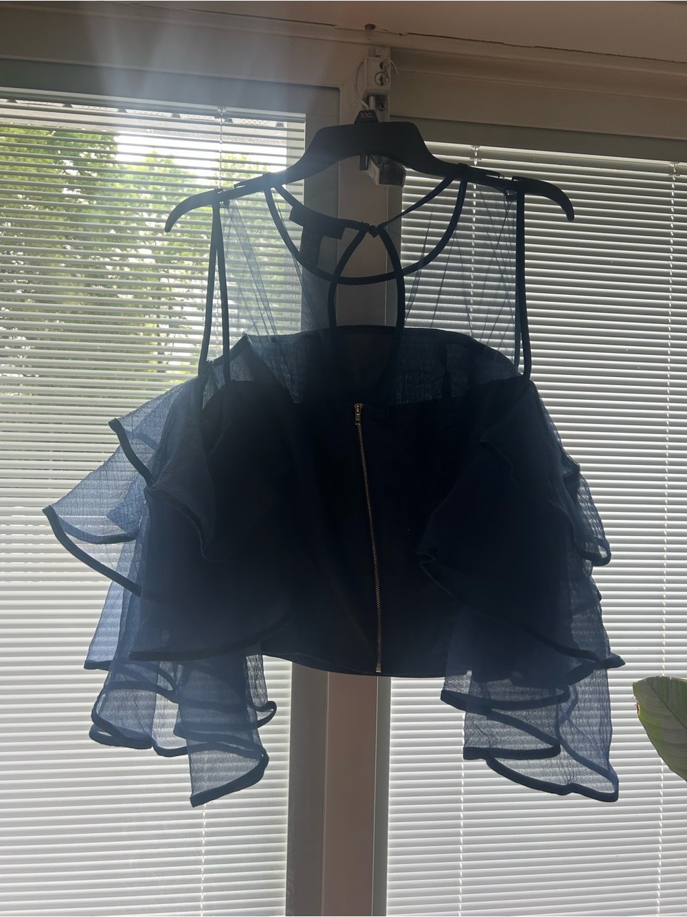 Ashley Stewart Navy Ruffle Mesh Crop Top with Gold Zip